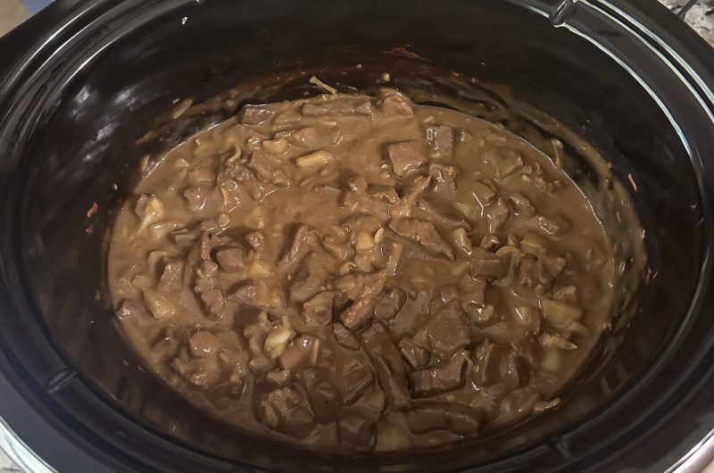 Crockpot Beef Tips over noodles (noodles not cooked in crockpot)